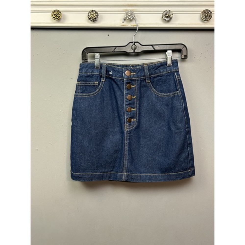 Blue Denim Mini Skirt Button Front Rainbow LGBTQ Back Pockets Size S - Picture 2 of 8